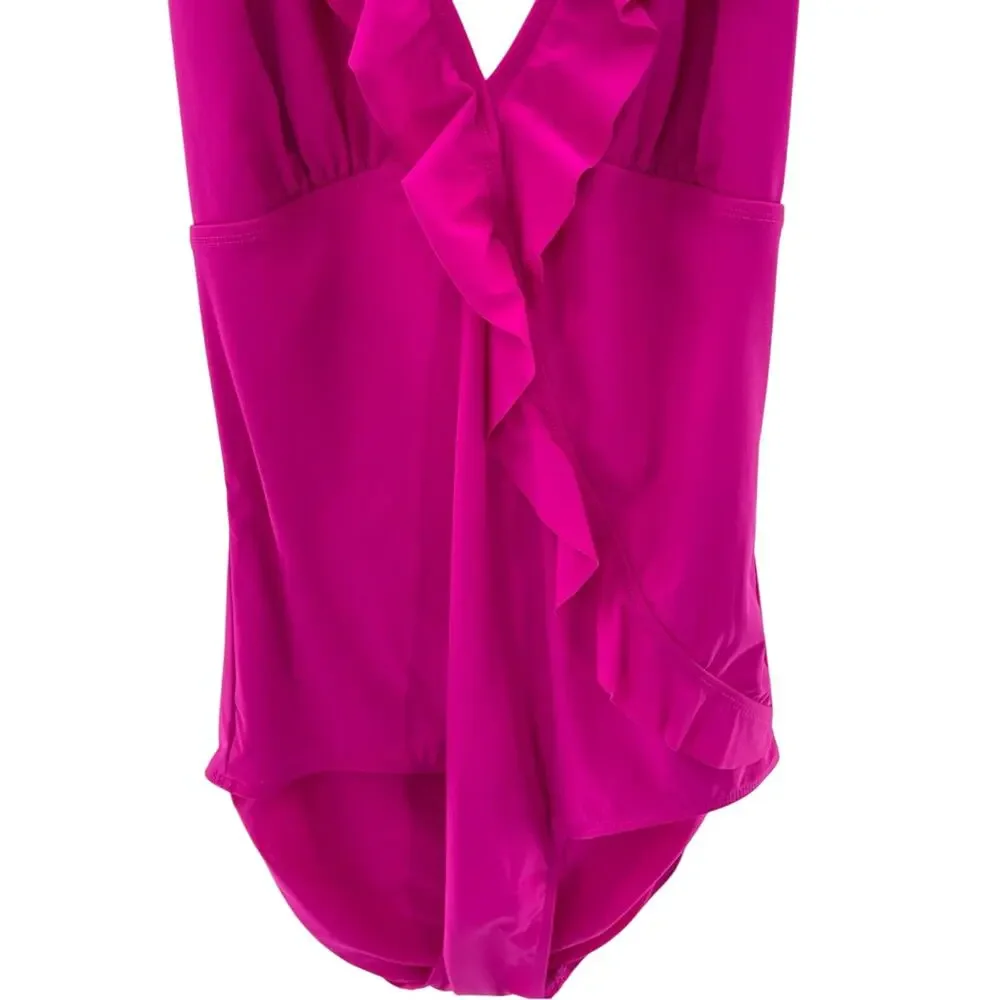 Assets by SPANX Pink V-Neck Ruffle Halter Style Swimsuit Size XL Preppy Vacation